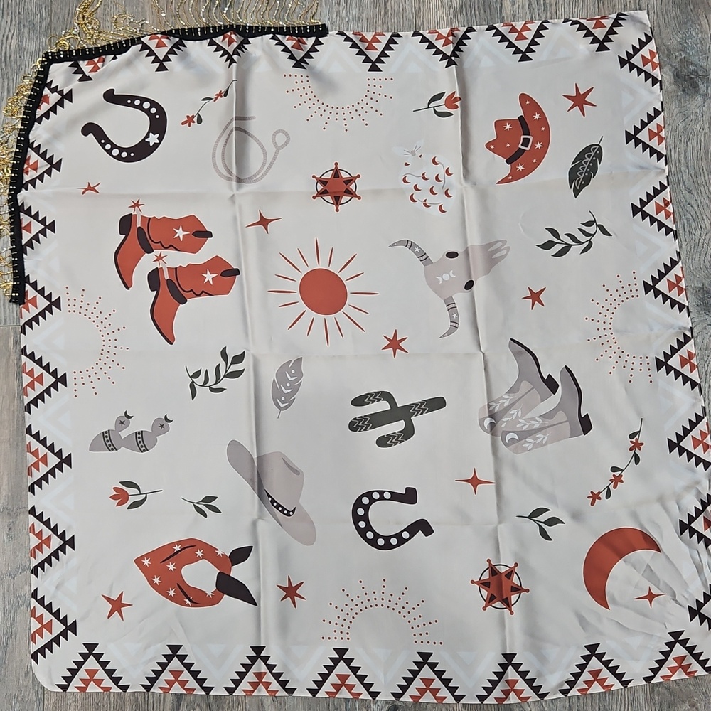 Cowgirl Silk Scarf with Fringe - Cream, Rust & Black